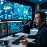 Transportplanner in modern logistiek centrum kampt met trage communicatie backoffice bij digitale kaarten en schermen.