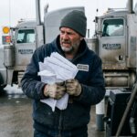 Vrachtwagenchauffeur die worstelt met wapperende vellen papier om het verloren vrachtbrieven risico te voorkomen.