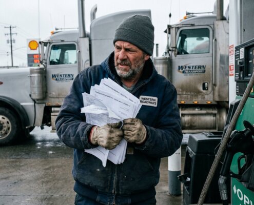 Vrachtwagenchauffeur die worstelt met wapperende vellen papier om het verloren vrachtbrieven risico te voorkomen.