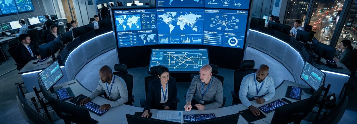 Logistiekexperts in controlekamer analyseren schema's voor een veilige datamigratie GDPR in de supply chain.