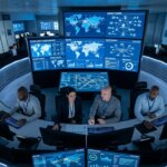 Logistiekexperts in controlekamer analyseren schema's voor een veilige datamigratie GDPR in de supply chain.