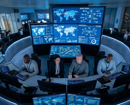 Logistiekexperts in controlekamer analyseren schema's voor een veilige datamigratie GDPR in de supply chain.