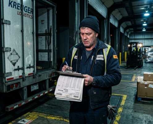 Gestreste magazijnmedewerker controleert handmatig de ocr data kwaliteit logistiek bij een vrachtwagen in de laaddok.