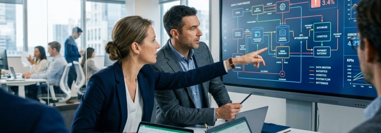 Managers analyseren datastromen op scherm voor een positieve ROI data opschonen tijdens een naadloze migratie.
