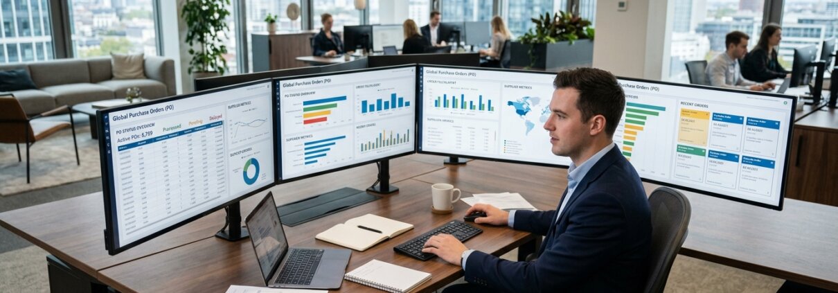 Finanzspezialist analysiert Auftragsdaten und abweichende Bestelleinheiten zur Rechnungsprüfung in einem modernen Büro