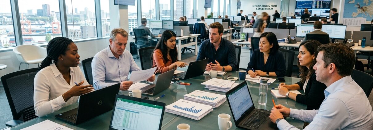 Logistics team in an office discussing automating HS coding with AI using compliance documents.