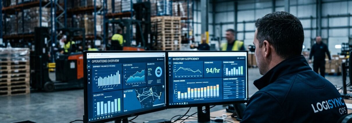 Logistikmanager analysiert Dashboard zur AI OCR Datenvalidierung während der Hochsaison in einem modernen Distributionszentrum.