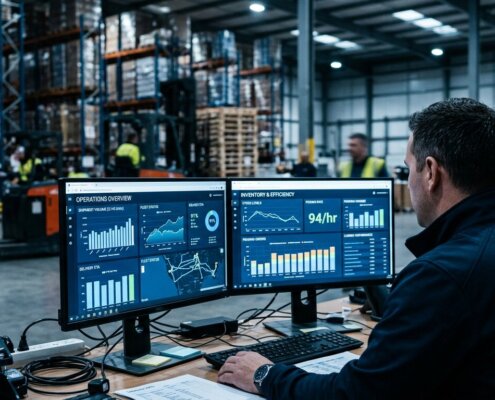 Logistikmanager analysiert Dashboard zur AI OCR Datenvalidierung während der Hochsaison in einem modernen Distributionszentrum.