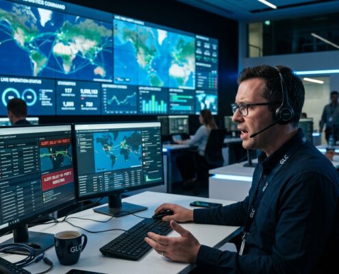 Transport planner in a modern logistics control center struggling with slow back-office communication amid digital maps and data screens.