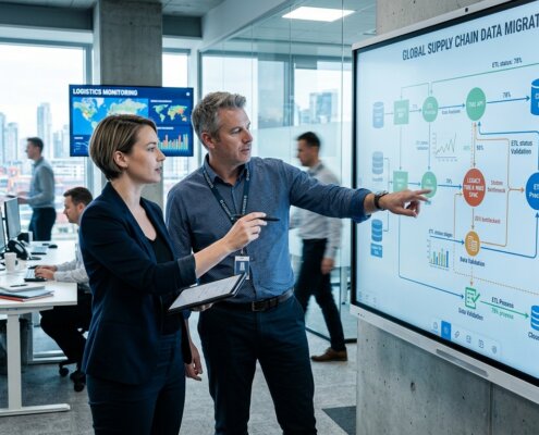Corporate logistics strategists analyzing flowcharts to prevent audit trail loss during software migration in a modern office.