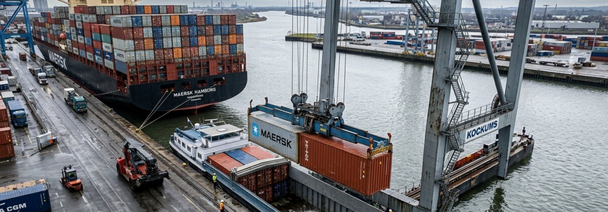 Kraan verplaatst containers van zeeschip naar binnenvaartschip voor emissiedata multimodaal transport onderzoek.