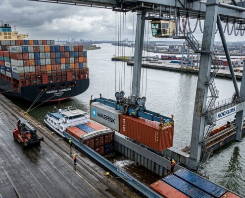 Kraan verplaatst containers van zeeschip naar binnenvaartschip voor emissiedata multimodaal transport onderzoek.