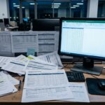 Desk covered in logistics tariffs and an Excel spreadsheet for cost calculation in international tenders in total chaos.
