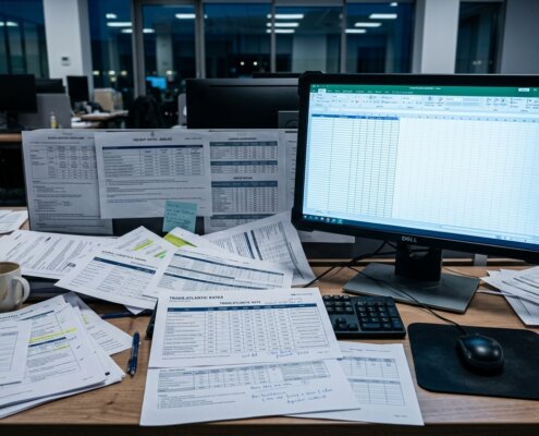 Desk covered in logistics tariffs and an Excel spreadsheet for cost calculation in international tenders in total chaos.