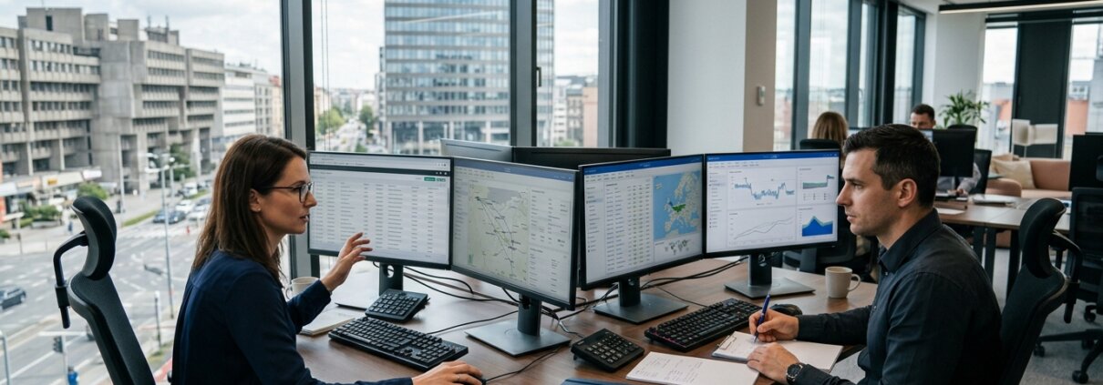 Data-analisten bestuderen logistieke manifesten voor een auditeerbare co2 boekhouding supply chain op kantoor.