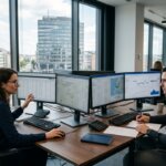 Data-analisten bestuderen logistieke manifesten voor een auditeerbare co2 boekhouding supply chain op kantoor.