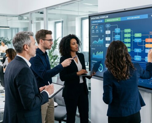 Managers analyzing unstructured data and free text fields on a digital screen in a modern office.