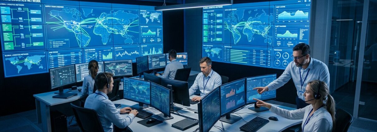 Logistikexperten im Kontrollraum analysieren Pläne für eine sichere Datenmigration GDPR in der Supply Chain.