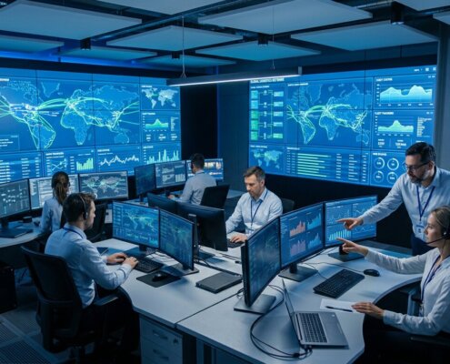 Logistikexperten im Kontrollraum analysieren Pläne für eine sichere Datenmigration GDPR in der Supply Chain.