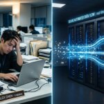 Comparison of manual and automated client portal data entry best practices featuring a logistics employee and servers.