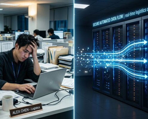 Comparison of manual and automated client portal data entry best practices featuring a logistics employee and servers.