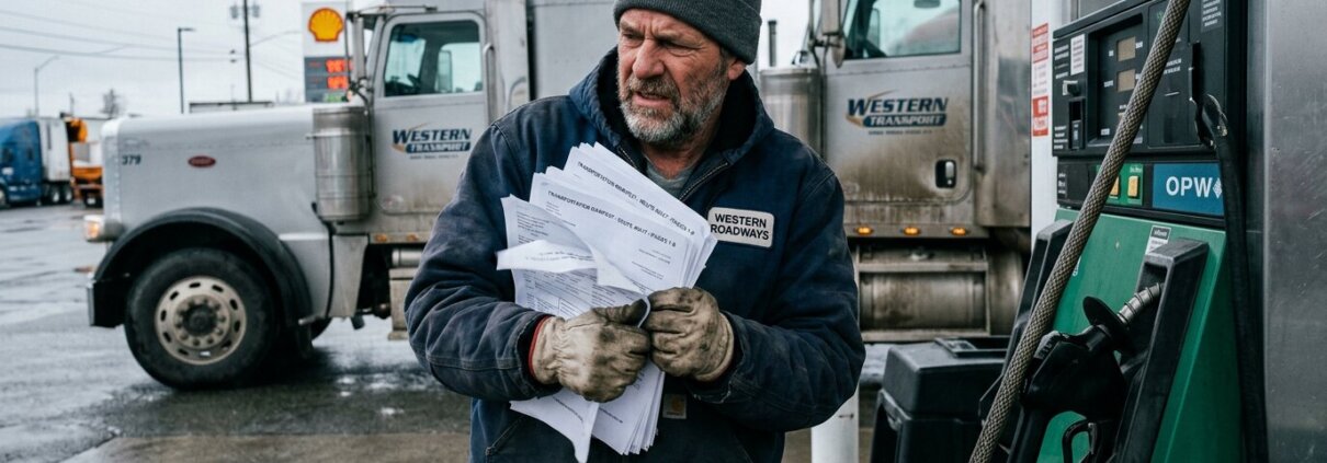 Truck driver struggling with fluttering paper sheets to prevent lost waybill risk.