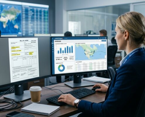 Data analyst in a control room processing documents for CSRD data collection in logistics on dashboards