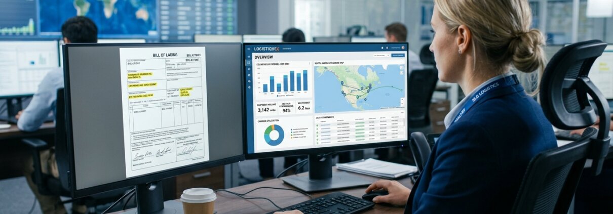 Datenanalyst im Kontrollraum, der Dokumente zur Erfassung von CSRD-Daten in der Logistik auf Dashboards verarbeitet.