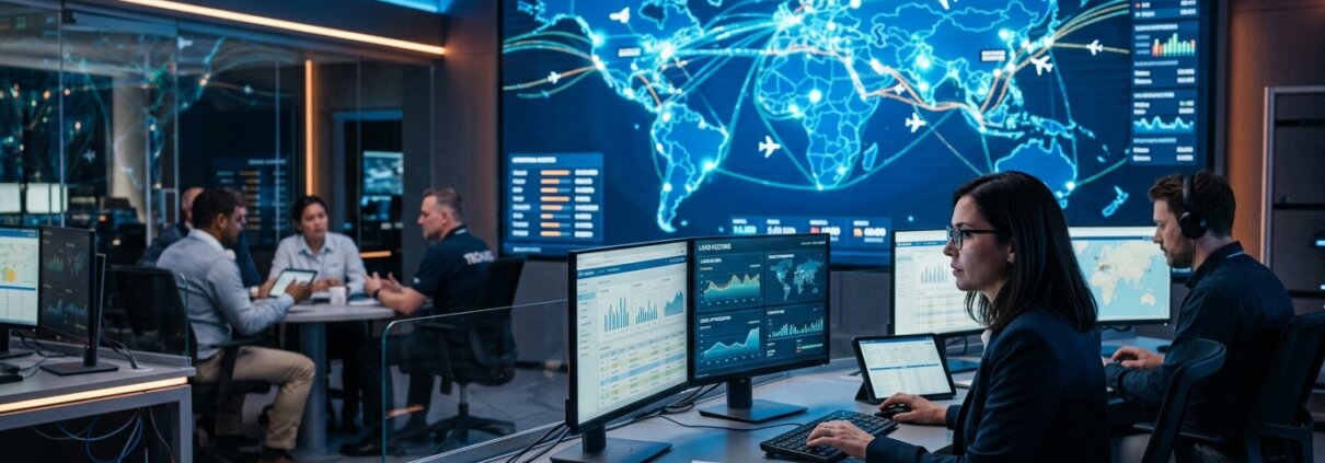 Logistics center featuring a digital network map for control tower data integration and strategic data analysis.