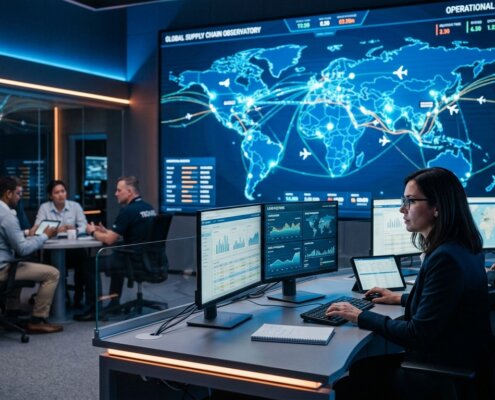 Logistics center featuring a digital network map for control tower data integration and strategic data analysis.
