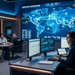 Logistikzentrum mit digitaler Netzwerkkarte für Control Tower Datenintegration und strategische Datenanalyse.