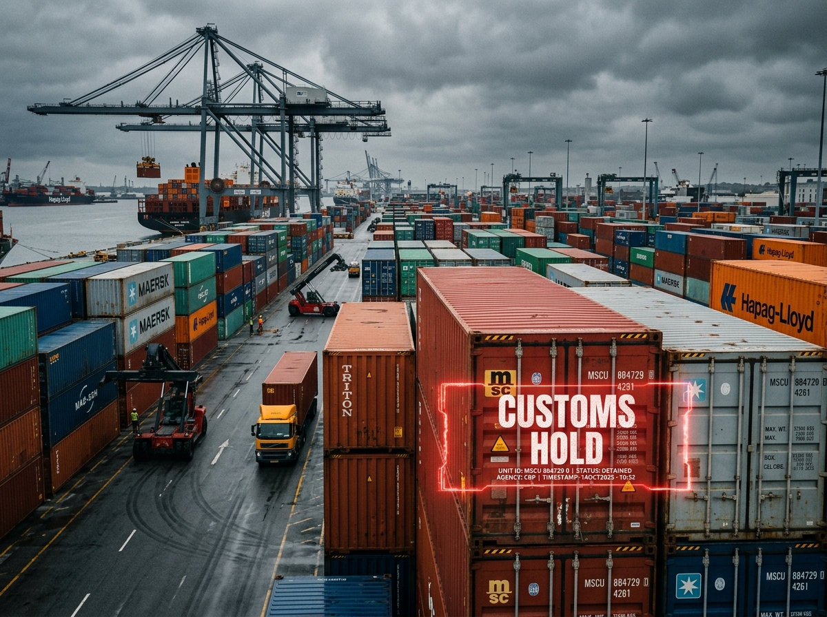 Gestapelte Container im Hafen mit Customs-Hold-Overlay bei Prozessen der House Bill of Lading Konsolidierung.