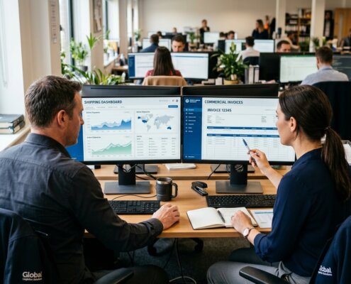 Managers in export-backoffice bekijken dashboards om een legalisatie handelsdocumenten vertraging te voorkomen.