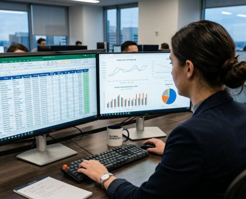 Analyst at a modern desk ensuring the error-free processing of ocean freight rates, viewing logistics data and BAF/CAF costs on screens.
