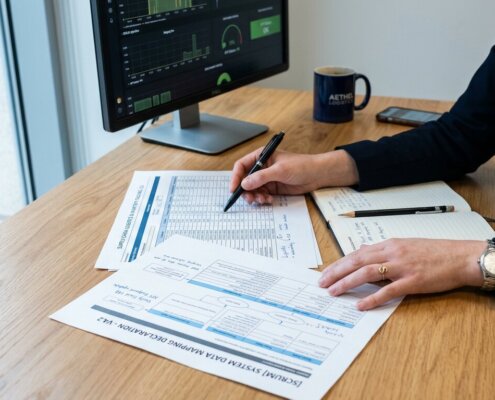Project manager reviews data mapping during ERP implementation to prevent data migration delays on a modern desk.