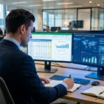 Finanzexperte analysiert Dashboards und vermeidet Fehlerquoten in der manuellen Umsatzsteuermeldung auf zwei Bildschirmen.