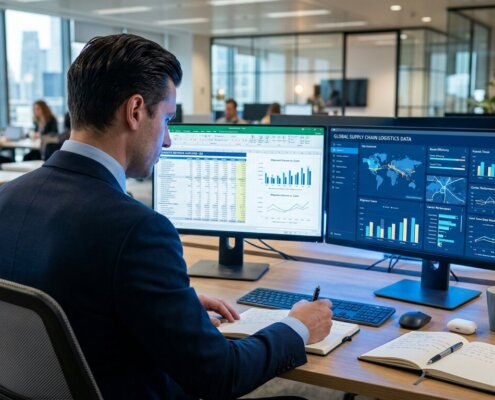 Finanzexperte analysiert Dashboards und vermeidet Fehlerquoten in der manuellen Umsatzsteuermeldung auf zwei Bildschirmen.