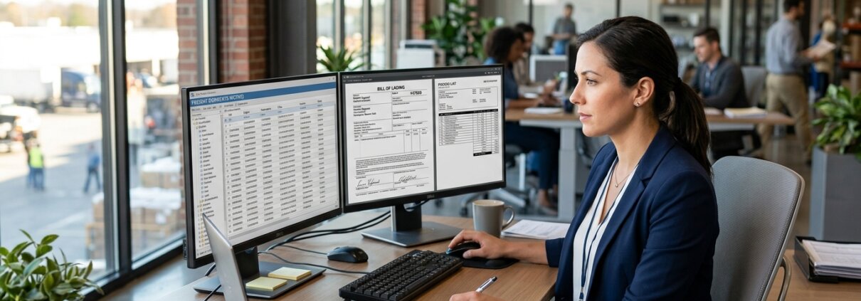 Logistics manager working with exception handling OCR in a modern office with structured data on dual monitors.