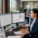 Logistics manager working with exception handling OCR in a modern office with structured data on dual monitors.