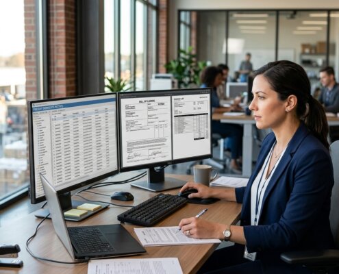 Logistics manager working with exception handling OCR in a modern office with structured data on dual monitors.