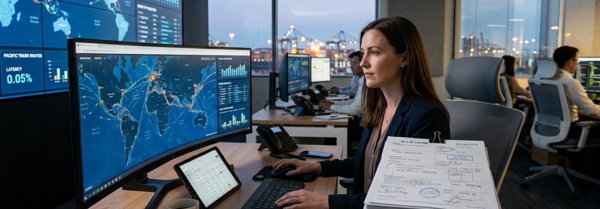 Logistik-Kontrollzentrum mit digitalen Dashboards und Frachtbriefen in Papierform, um KI Logistikverträge analysieren zu können.
