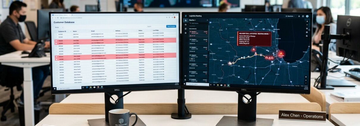 Dual-screen setup met dubbele gegevens in CRM op links en vastgelopen logistiek op rechts in een modern kantoor.