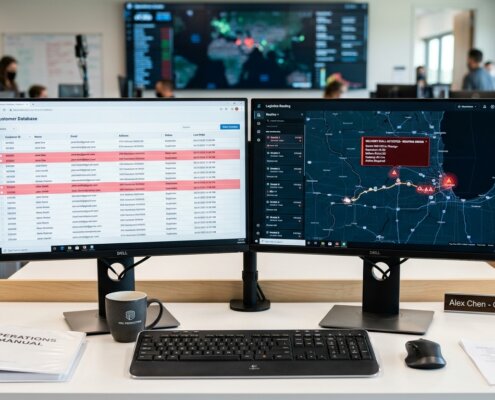 Dual-screen setup met dubbele gegevens in CRM op links en vastgelopen logistiek op rechts in een modern kantoor.
