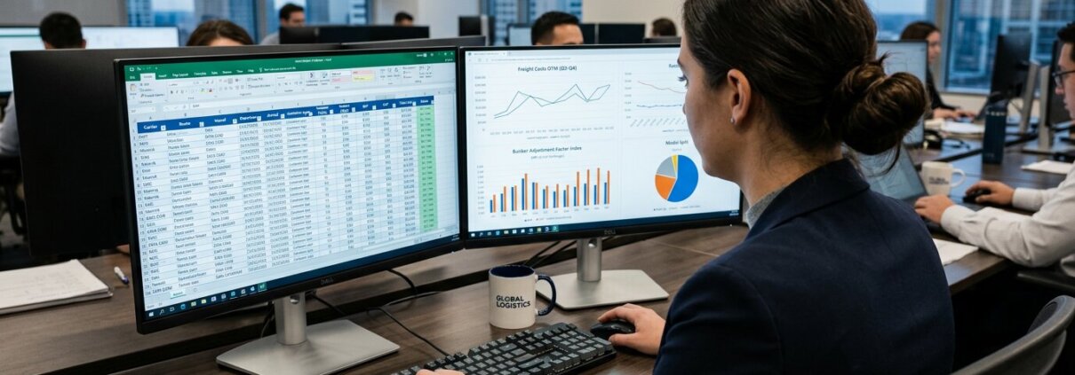 Analyst an einem modernen Arbeitsplatz für die fehlerfreie Verarbeitung von Seefrachttarifen mit Logistikdaten und BAF/CAF-Zuschlägen auf den Bildschirmen.