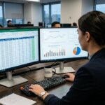 Analyst an einem modernen Arbeitsplatz für die fehlerfreie Verarbeitung von Seefrachttarifen mit Logistikdaten und BAF/CAF-Zuschlägen auf den Bildschirmen.