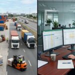 Logistikterminal und Finanzexperten, die fehlerhafte USt-Codes ERP-Dateneingabe in Tabellenkalkulationen im Büro kontrollieren.