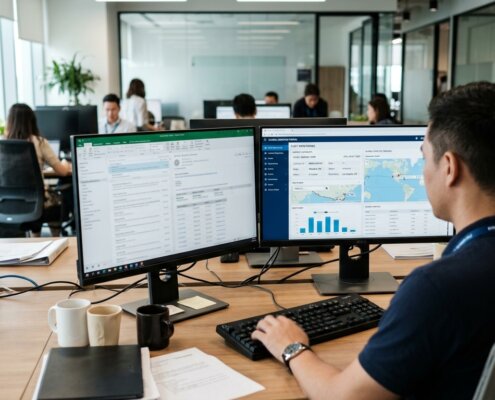 Logistiek specialist voert data in, illustratie van kosten nieuwe klantportalen backoffice bij complexe web-interfaces.