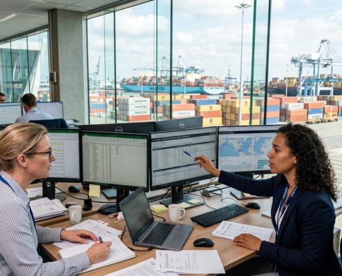 Logistics experts in a port office matching house bill of lading consolidation documents on dual monitors at the groupage back office.