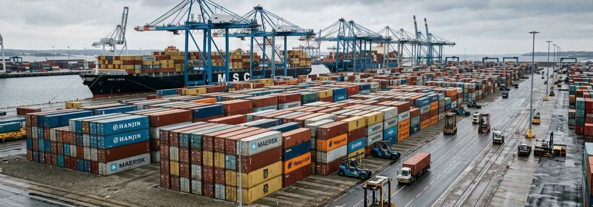 Stacked shipping containers at an industrial port illustrating strategic ocean freight surcharge forecasting.