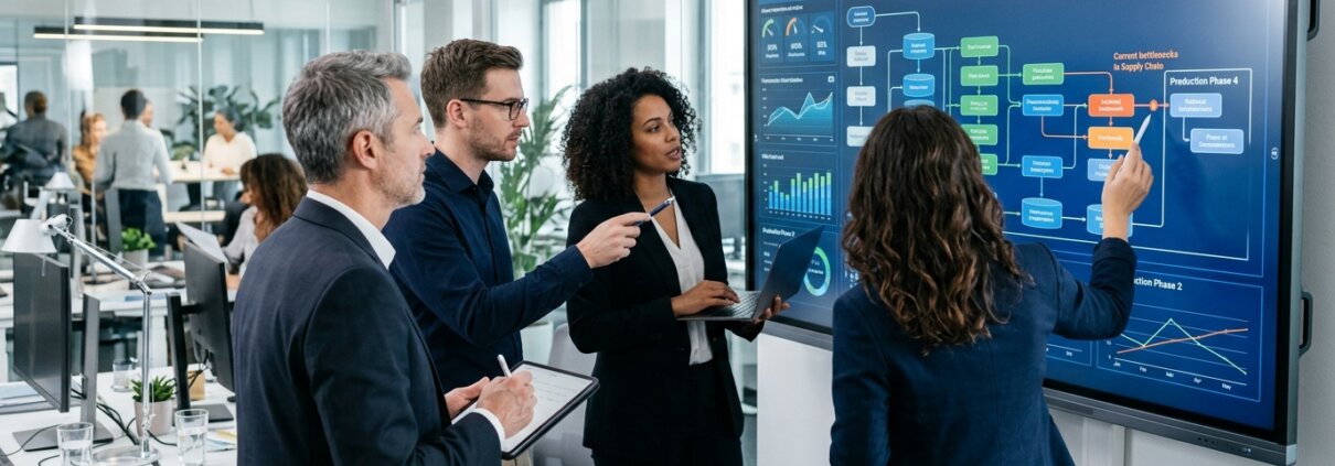 Führungskräfte analysieren unstrukturierte Daten und Freitextfelder auf einem digitalen Bildschirm in einem modernen Büro.